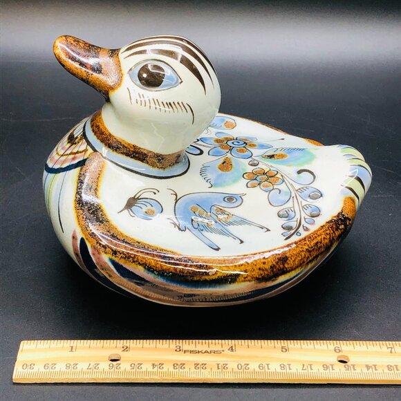 Vintage Ken Edwards Tonala Pottery DUCK, Folk Art Blue Bird Butterfly Florals - Picture 10 of 13